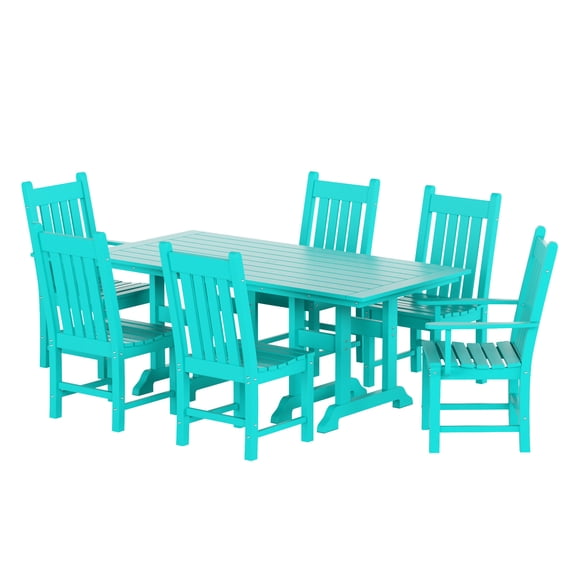 WestinTrends Malibu Outdoor Patio Dining Set for 6, All Weather Poly Lumber Patio Furniture Set, 71" Farmhouse Dining Table Set with Umbrella Hole and 6 Patio Chairs, Turquoise