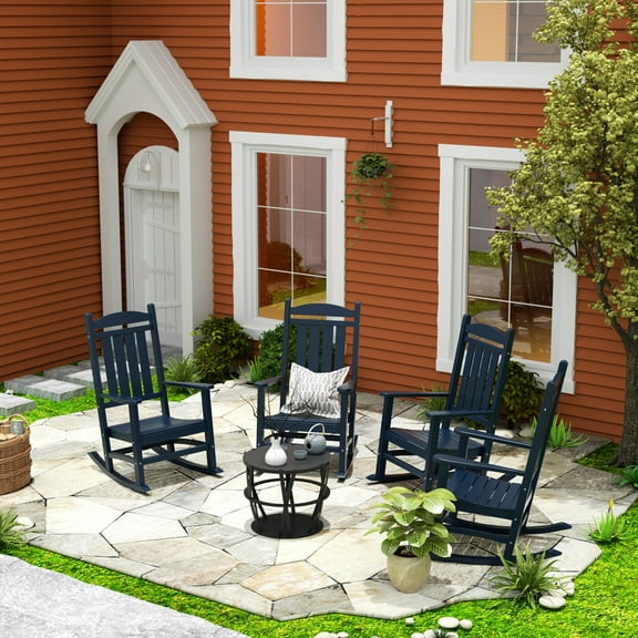 WestinTrends Malibu Outdoor Rocking Chair Set of 4, All Weather Poly Lumber Adirondack Rocker Chair with High Back, 350 Lbs Support Patio Rocking Chair for Porch Deck Garden Lawn, Navy Blue