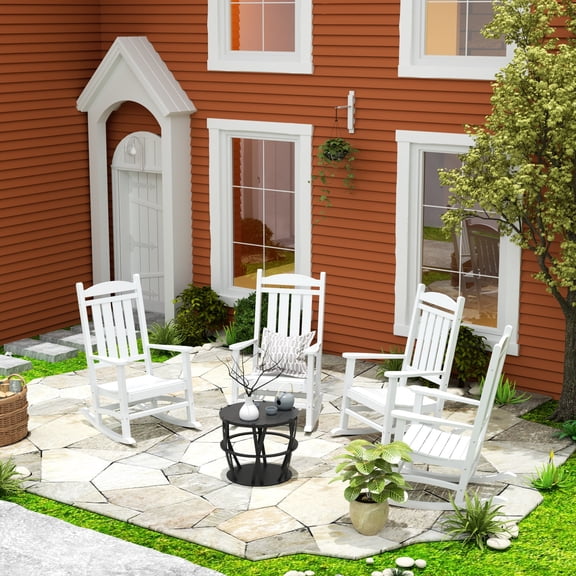 WestinTrends Malibu Outdoor Rocking Chair Set of 4, All Weather Poly Lumber Adirondack Rocker Chair with High Back, 350 Lbs Support Patio White Rocking Chair for Porch Deck Garden Lawn