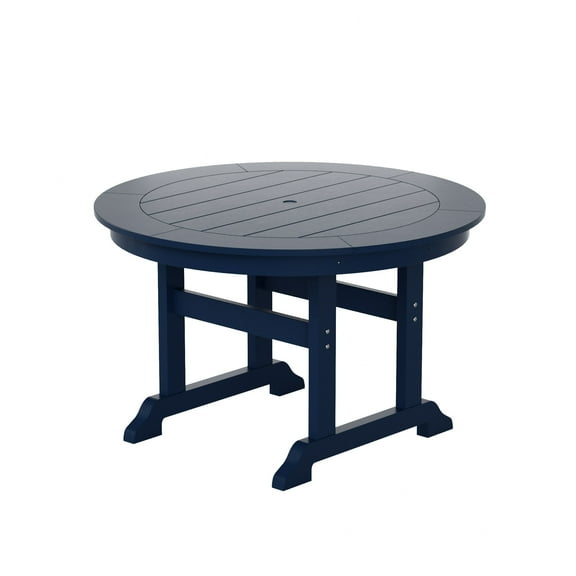 WestinTrends Malibu Patio Dining Table, All Weather Poly Lumber Adirondack 47" Trestle Round Outdoor Table with Umbrella Hole, Navy Blue