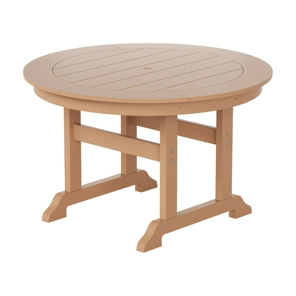 WestinTrends Malibu Patio Dining Table, All Weather Poly Lumber Adirondack 47" Trestle Round Outdoor Table with Umbrella Hole, Teak