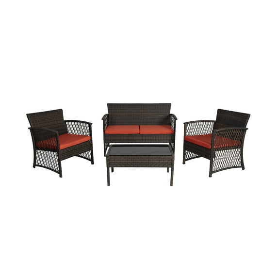WestinTrends Melvi 4 Pieces Wicker Patio Furniture Sets, All Weather PE Rattan Wicker Chairs Loveseat Outdoor Seating Conversation Sets with Tempered Smoked Glass Coffee Table, Coffee and Orange