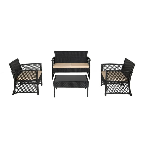 WestinTrends Melvi 4 Pieces Wicker Patio Furniture Sets, All Weather PE Rattan Wicker Chairs Loveseat Outdoor Seating Patio Conversation Sets with Tempered Smoked Glass Coffee Table, Black and Beige
