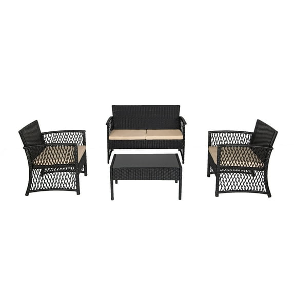 WestinTrends Melvi 4 Pieces Wicker Patio Furniture Sets, All Weather PE Rattan Wicker Chairs Loveseat Outdoor Seating Patio Conversation Sets with Tempered Smoked Glass Coffee Table, Black and Beige
