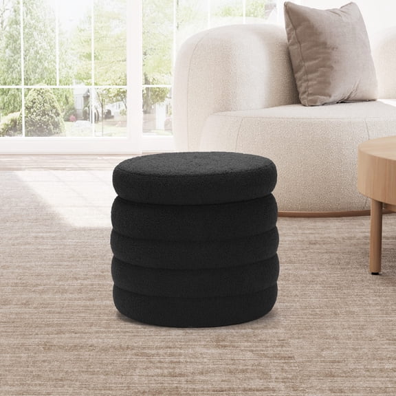 WestinTrends Mid-Century Modern Faux Sherpa Round Storage Ottoman, Black