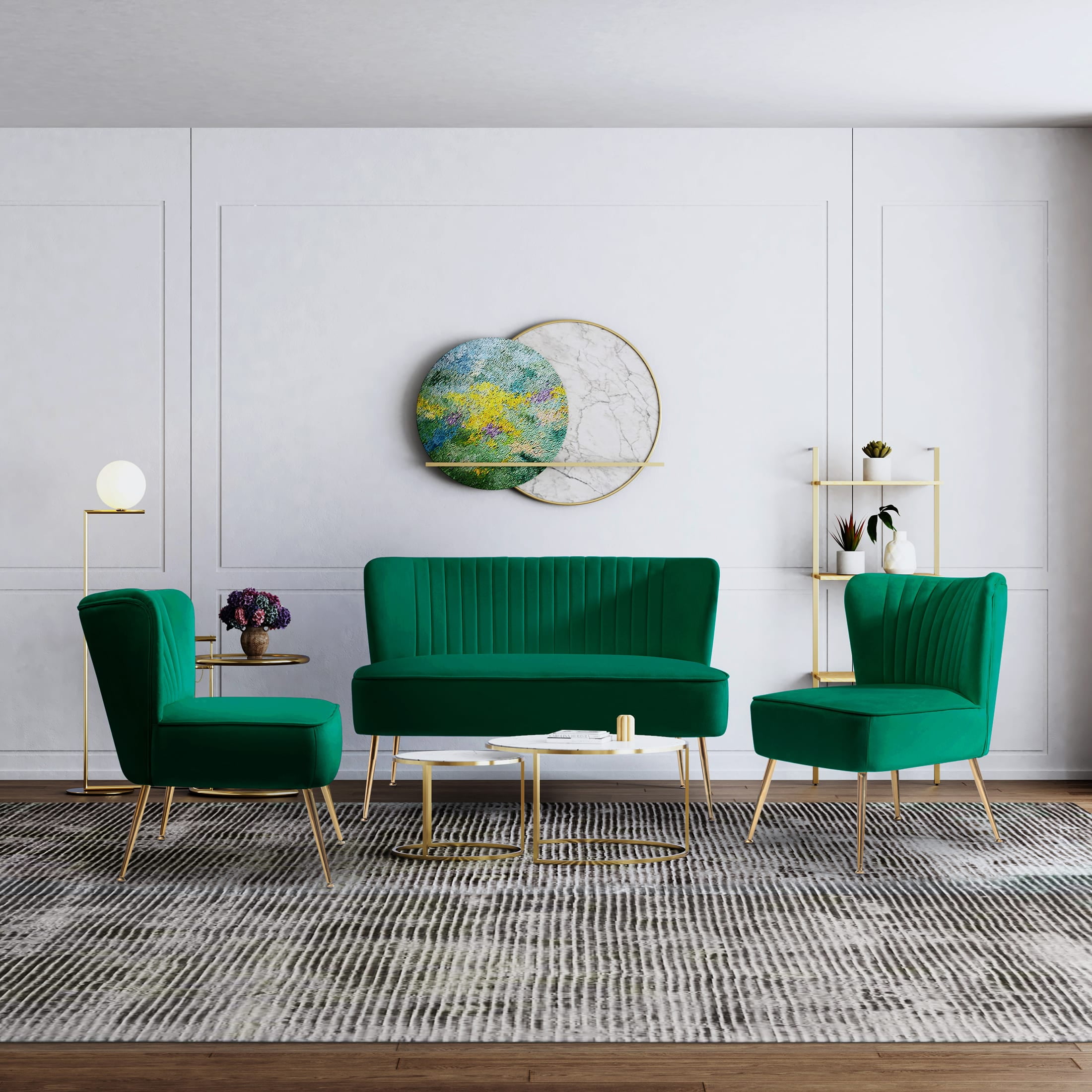 WestinTrends Mid Century Modern Tufted Velvet Loveseat Sofa and 22" Accent Chair 3-Piece Set, Green
