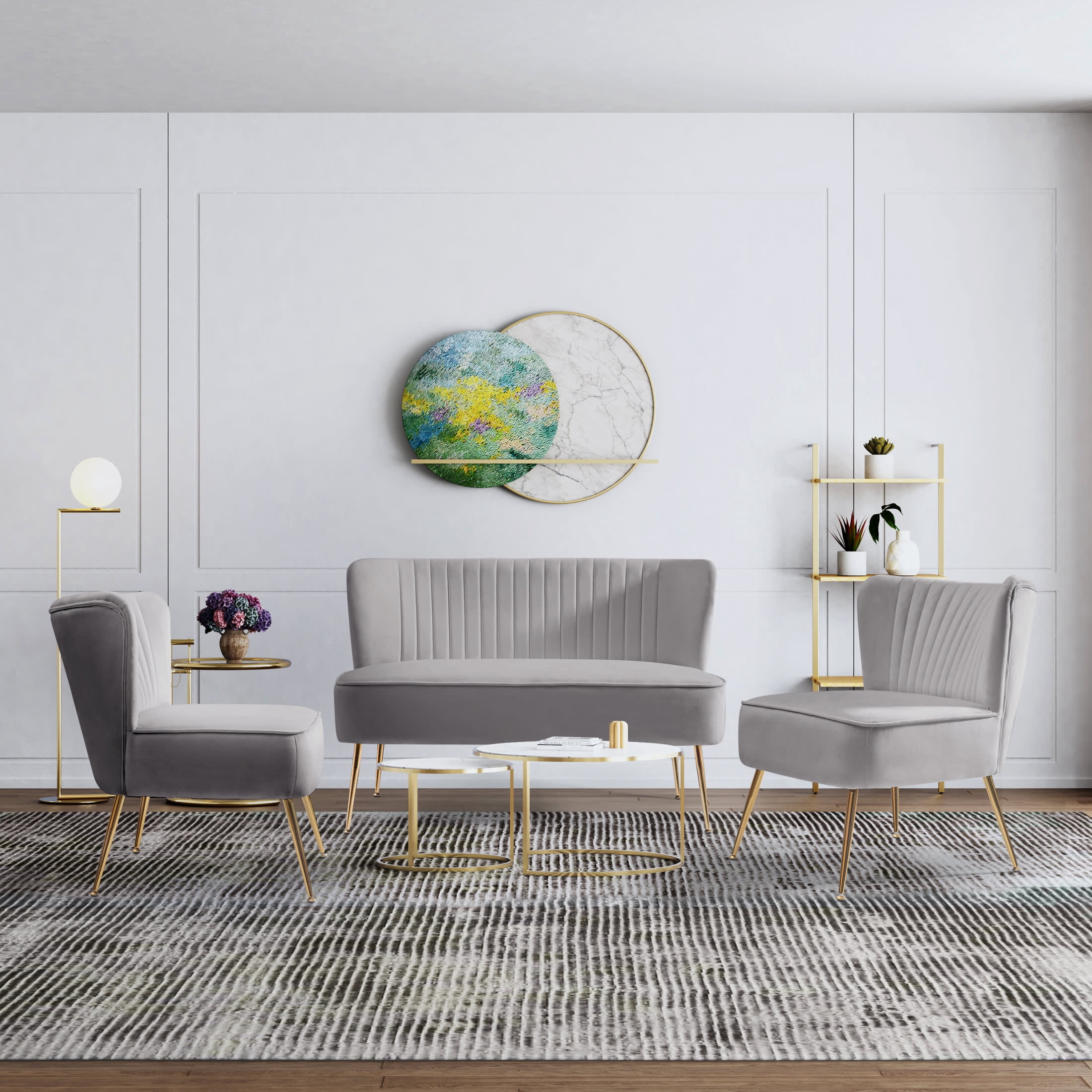 WestinTrends Mid Century Modern Tufted Velvet Loveseat Sofa and 25" Accent Chair 3-Piece Set, Gray