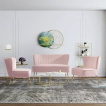 WestinTrends Mid Century Modern Tufted Velvet Loveseat Sofa and 25" Accent Chair 3-Piece Set, Pink