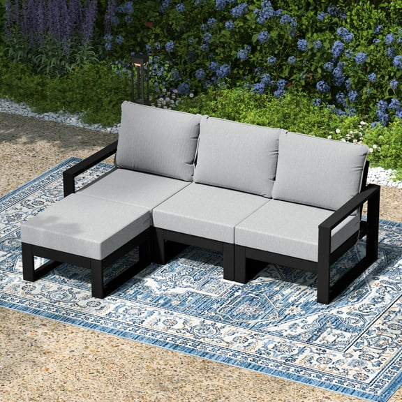 WestinTrends Montara 4-Piece Outdoor HDPE All-Weather Modern Deep Seating Patio Sofa Sectional Set with Waterproof Cushions, Black/Light Gray