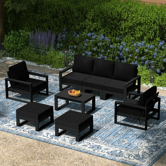 WestinTrends Montara 8-Piece Modern HDPE Outdoor Patio Furniture Conversation Set with Coffee Table and Ottomans, Black