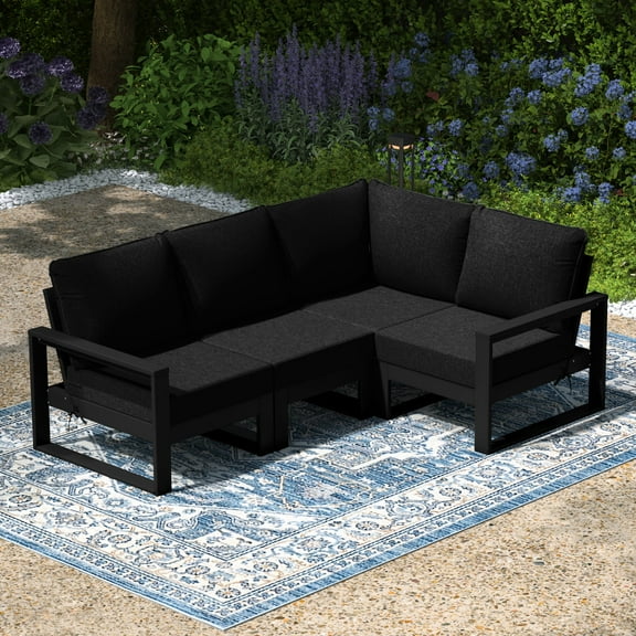WestinTrends Montara Outdoor 4-Piece HDPE L-Shaped Modular Patio Sofa Furniture Set, Black/Black