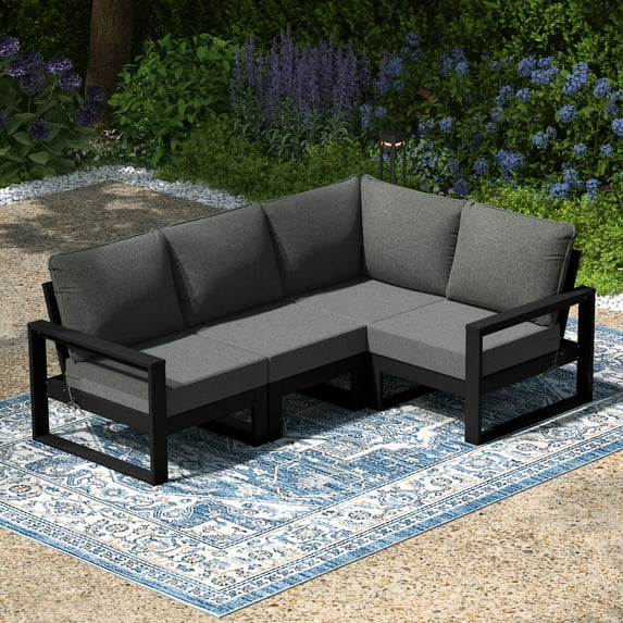 WestinTrends Montara Outdoor 4-Piece HDPE L-Shaped Modular Patio Sofa Furniture Set, Black/Gray