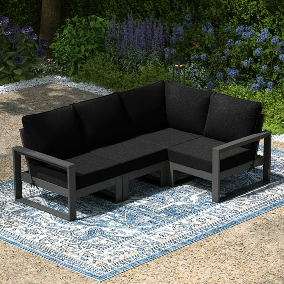 WestinTrends Montara Outdoor 4-Piece HDPE L-Shaped Modular Patio Sofa Furniture Set, Gray/Black