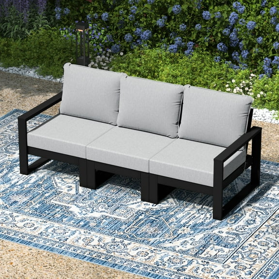 WestinTrends Montara Outdoor HDPE All-Weather Modern Deep Seating Patio Sofa with Waterproof Cushions, Black/Light Gray