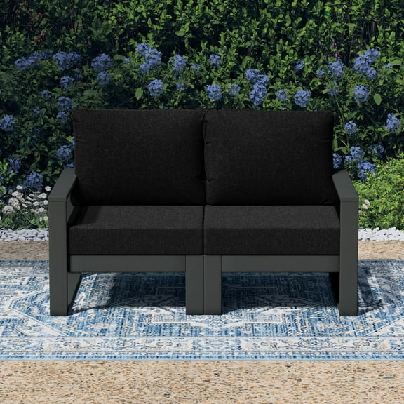 WestinTrends Montara Outdoor HDPE All-Weather Modern Patio Loveseat with Waterproof Cushions, Gray/Black
