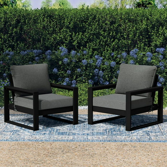 WestinTrends Montara Outdoor Modern HDPE Patio Club Chair with Waterproof Deep Seat Cushions (Set of 2), Black/Gray