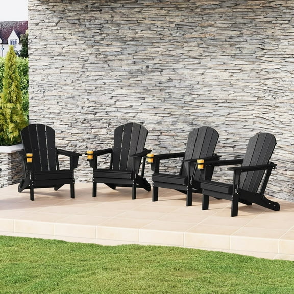 WestinTrends Nantucket Outdoor Patio HDPE Resin Folding Adirondack Chairs With Cup Holder and Phone Holder (Set of Four), Black