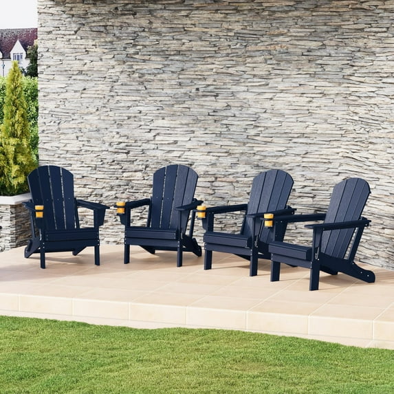WestinTrends Nantucket Outdoor Patio HDPE Resin Folding Adirondack Chairs With Cup Holder and Phone Holder (Set of Four), Navy Blue