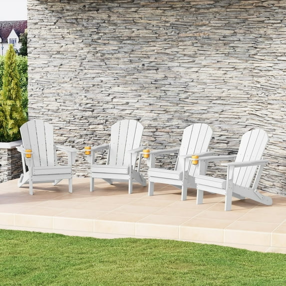 WestinTrends Nantucket Outdoor Patio HDPE Resin Folding Adirondack Chairs With Cup Holder and Phone Holder (Set of Four), White