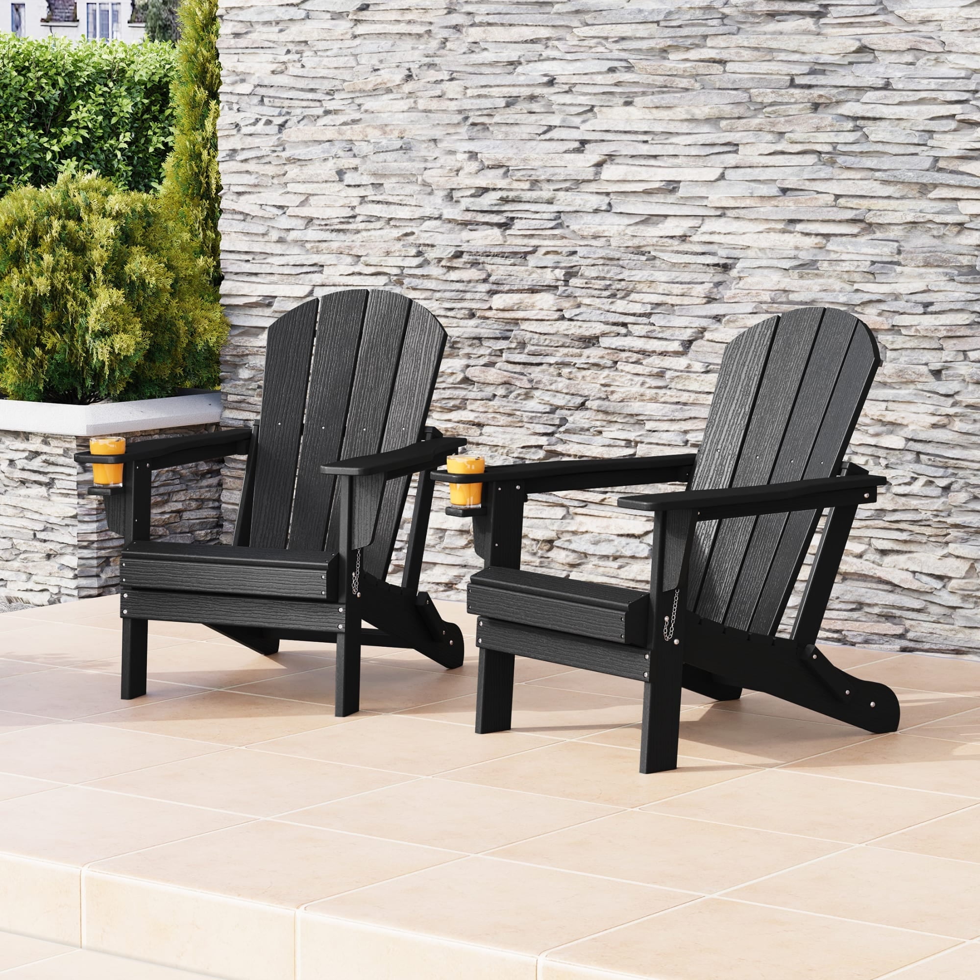 WestinTrends Nantucket Outdoor Patio HDPE Resin Folding Adirondack Chairs With Cup Holder and Phone Holder (Set of Two), Black