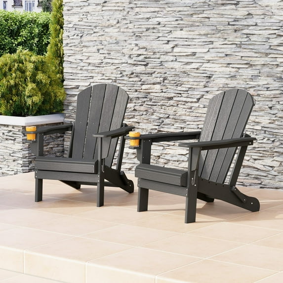 WestinTrends Nantucket Outdoor Patio HDPE Resin Folding Adirondack Chairs With Cup Holder and Phone Holder (Set of Two), Gray
