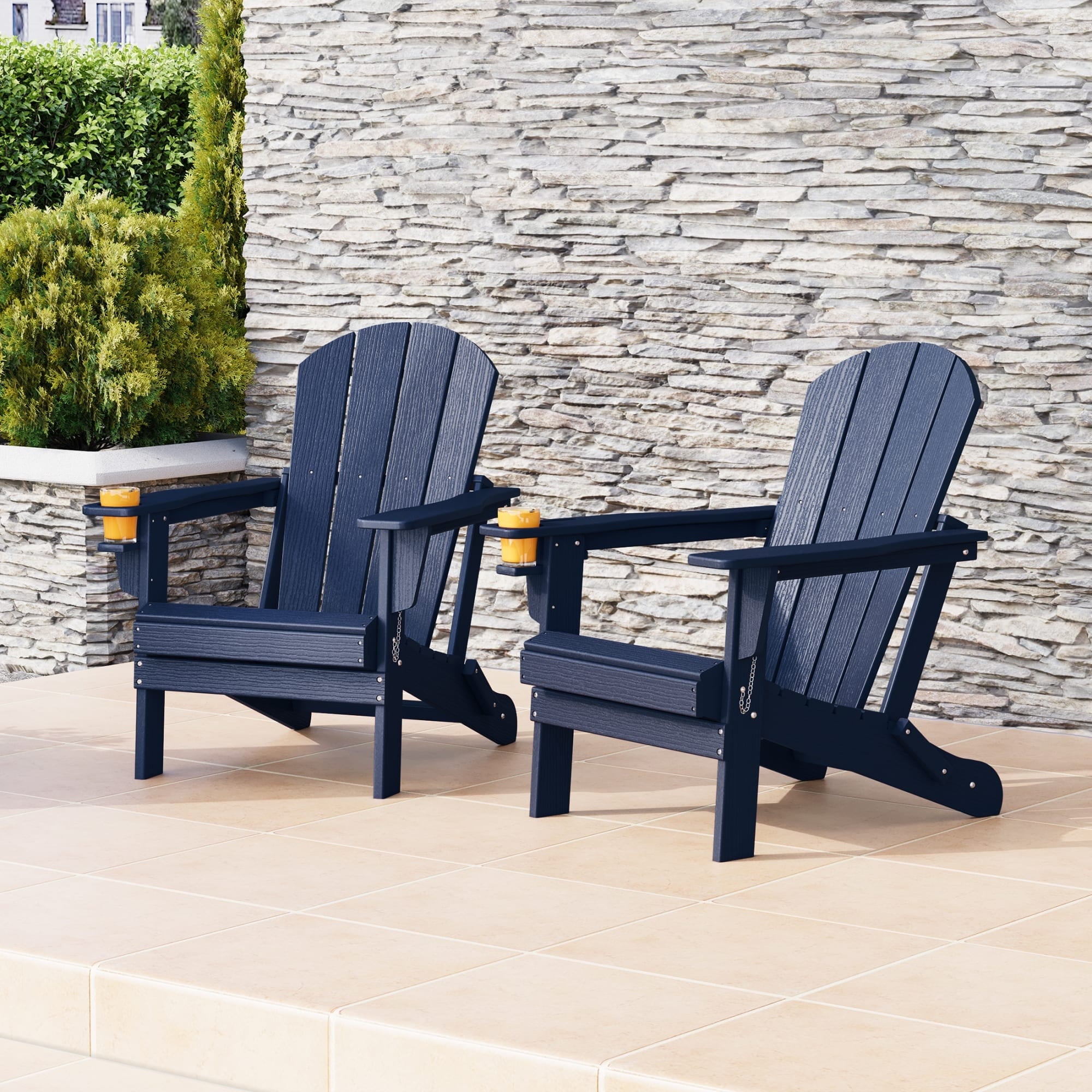 WestinTrends Nantucket Outdoor Patio HDPE Resin Folding Adirondack Chairs With Cup Holder and Phone Holder (Set of Two), Navy Blue