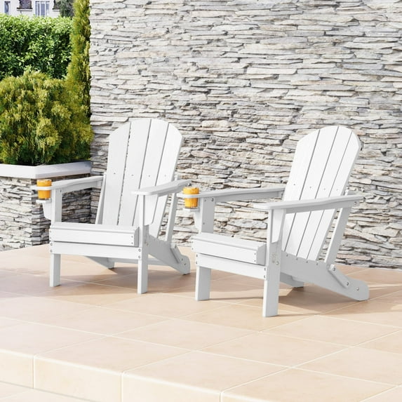 WestinTrends Nantucket Outdoor Patio HDPE Resin Folding Adirondack Chairs With Cup Holder and Phone Holder (Set of Two), White