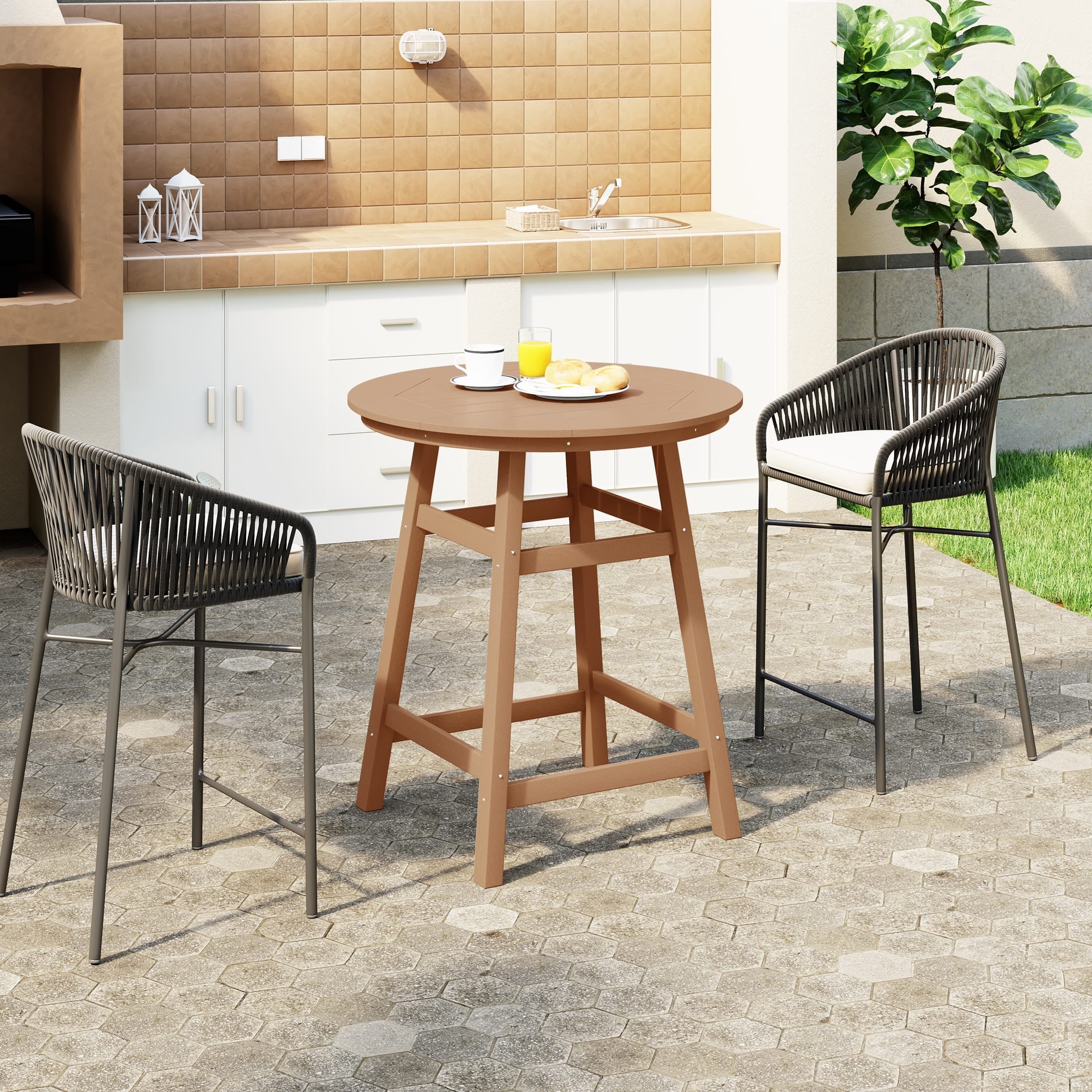 Teak 35" Round HDPE Outdoor Counter Height Bistro Table with Umbrella Hole