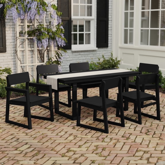 WestinTrends Paloma 7-Piece Modern HDPE Outdoor Patio Dining Table Set With Umbrella Hole, Black