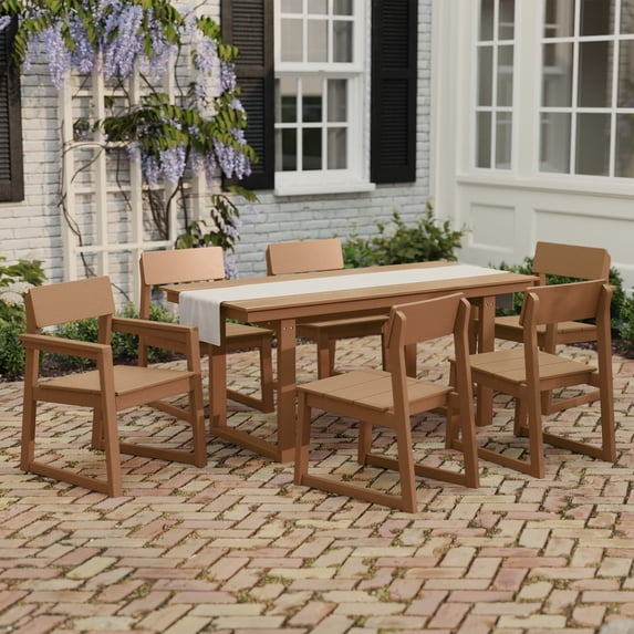 WestinTrends Paloma 7-Piece Modern HDPE Outdoor Patio Dining Table Set With Umbrella Hole, Teak