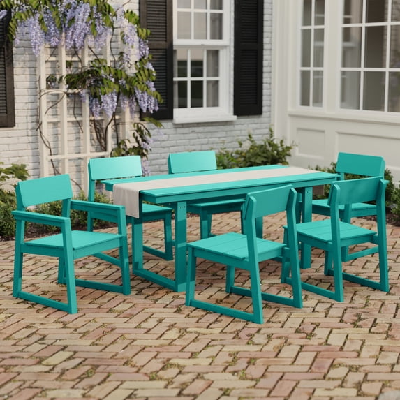 WestinTrends Paloma 7-Piece Modern HDPE Outdoor Patio Dining Table Set With Umbrella Hole, Turquoise