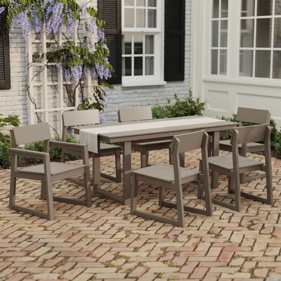 WestinTrends Paloma 7-Piece Modern HDPE Outdoor Patio Dining Table Set With Umbrella Hole, Weathered Wood