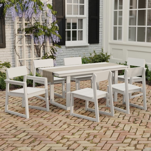 WestinTrends Paloma 7-Piece Modern HDPE Outdoor Patio Dining Table Set With Umbrella Hole, White