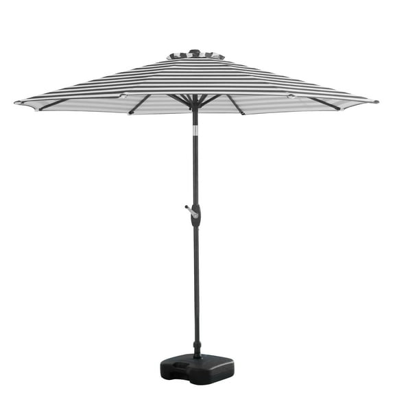 WestinTrends Paolo 9 Ft Outdoor Umbrella with Base Included, Market Table Umbrella with 18 Inch Fillable Square Base, Gray/White Stripe