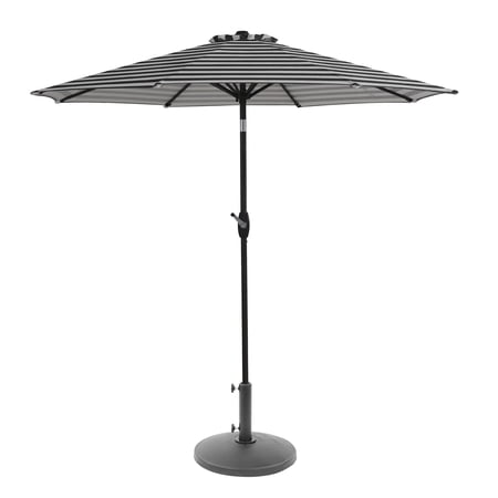 WestinTrends Paolo 9 Ft Patio Umbrella with Base Included, Market Table Umbrella with 20 Inch Fillable Black Round Base, Gray/White Stripe