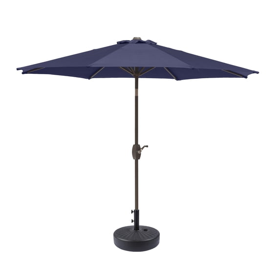 WestinTrends Paolo 9 Ft Patio Umbrella with Base Included, Market Table Umbrella with 20 Inch Fillable Black Round Base, Navy Blue