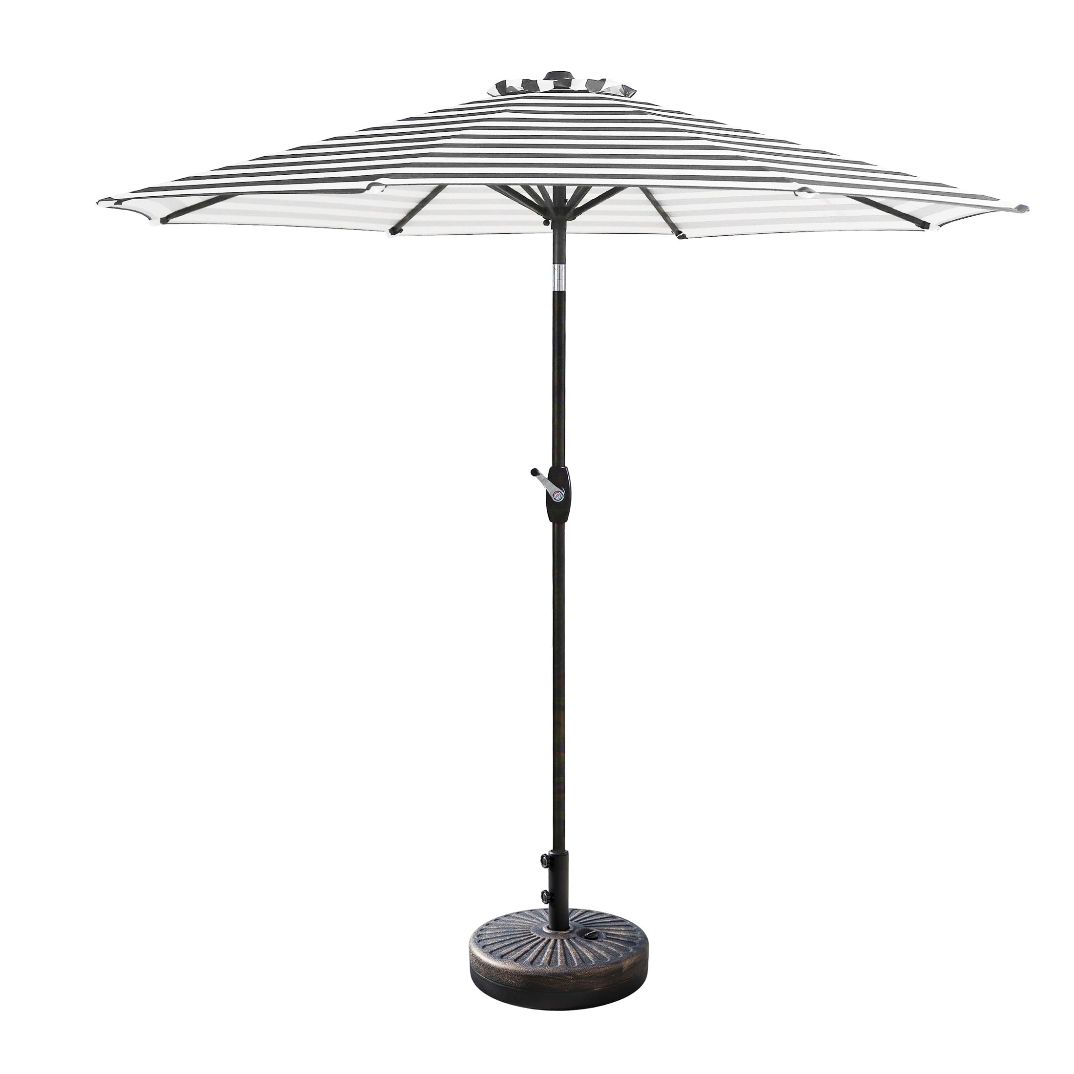 Gray and White Striped 9 Ft Market Patio Umbrella with Bronze Base