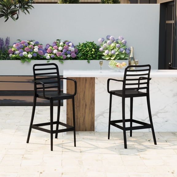 WestinTrends Playa 29.5" Outdoor Polypropylene Plastic Patio Bar Height Stools (Set of 2), Black