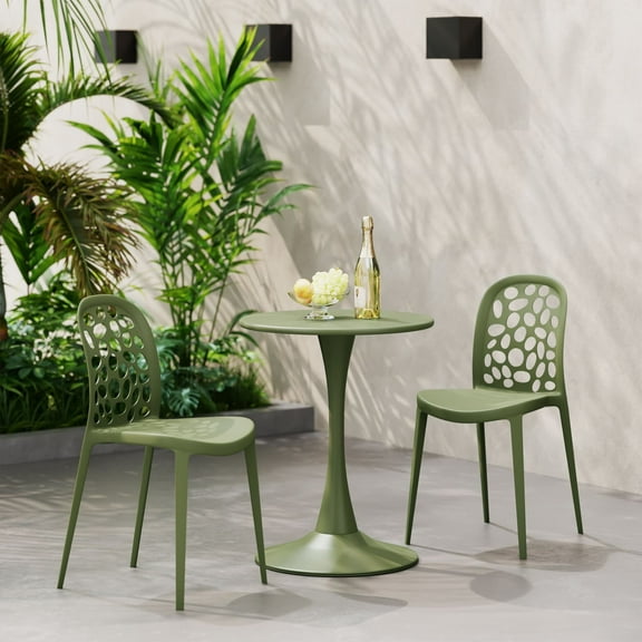 WestinTrends Playa 3-Piece Outdoor Indoor Metal Patio Dining Table Set With Stackable Polypropylene Patio Side Chairs, Olive Green