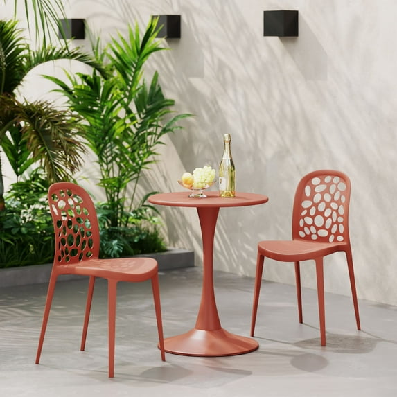 WestinTrends Playa 3-Piece Outdoor Indoor Metal Patio Dining Table Set With Stackable Polypropylene Patio Side Chairs, Red