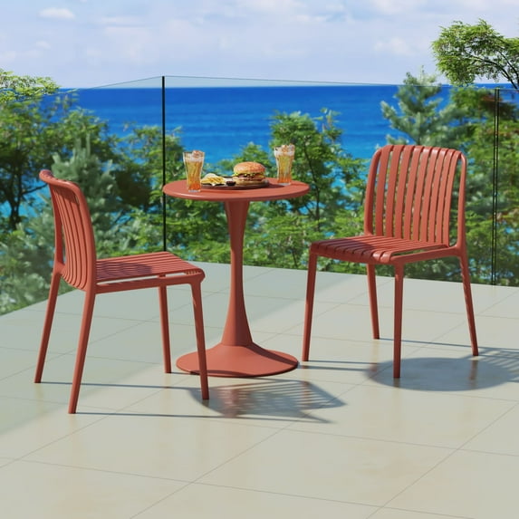 WestinTrends Playa 3-Piece Outdoor Metal Dining Table Set And Stackable Resin Patio Chairs, Red