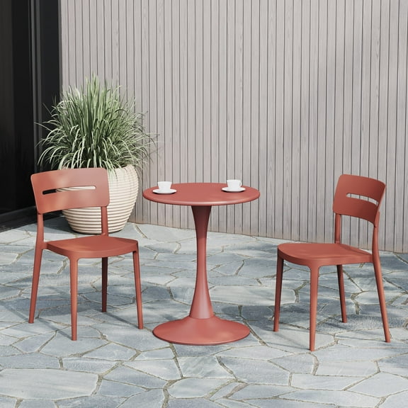 WestinTrends Playa 3-Piece Outdoor Round Metal Patio Dining Table Set With Stackable Patio Chairs, Red