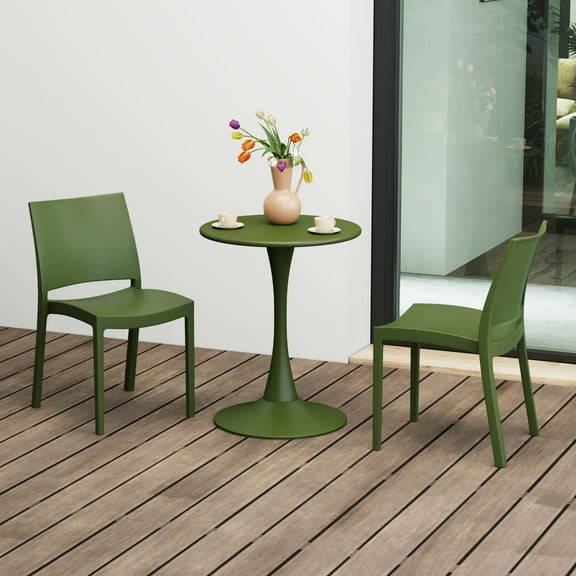 WestinTrends Playa 3-Piece Outdoor Round Metal Patio Dining Table Set With Stackable Patio Dining Side Chairs, Olive Green