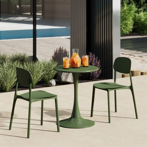 WestinTrends Playa 3-Piece Outdoor Round Metal Patio Dining Table Set With Stackable Resin Patio Side Chairs, Olive Green