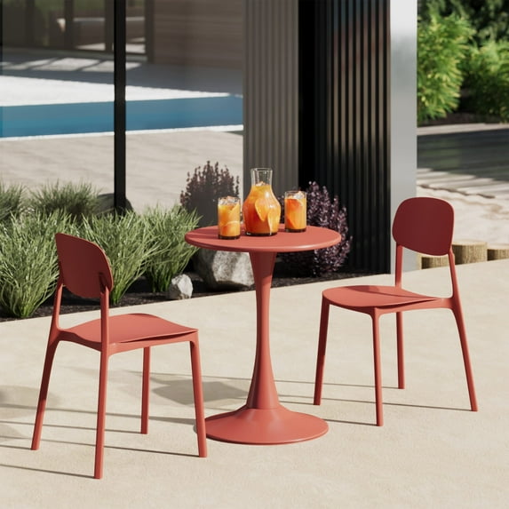 WestinTrends Playa 3-Piece Outdoor Round Metal Patio Dining Table Set With Stackable Resin Patio Side Chairs, Red