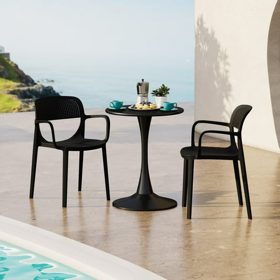 WestinTrends Playa 3-Piece Round Metal Bistro Dining Table Set And Stackable Resin Patio Dining Arm Chairs, Black