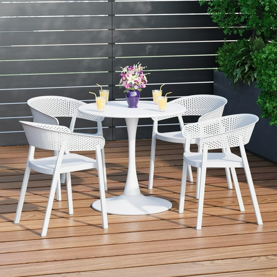 WestinTrends Playa 5-Piece Indoor Outdoor Metal Patio Dining Table Set With Stackable Patio Chairs, White