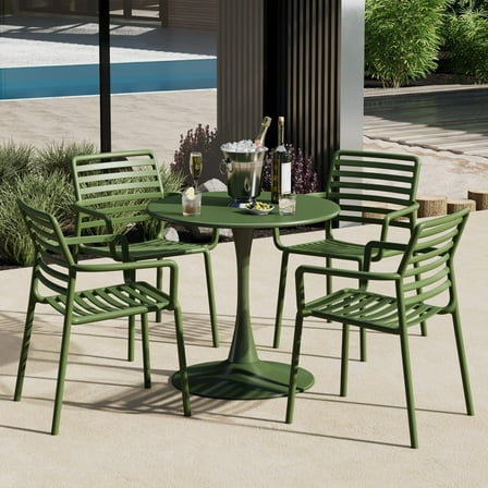 WestinTrends Playa 5-Piece Indoor Outdoor Metal Patio Dining Table Set With Stackable Plastic Patio Arm Chairs, Olive Green