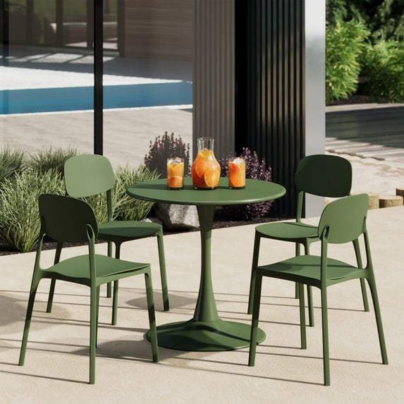WestinTrends Playa 5-Piece Indoor Outdoor Metal Round Patio Dining Table Set With Stackable Resin Patio Side Chairs, Olive Green