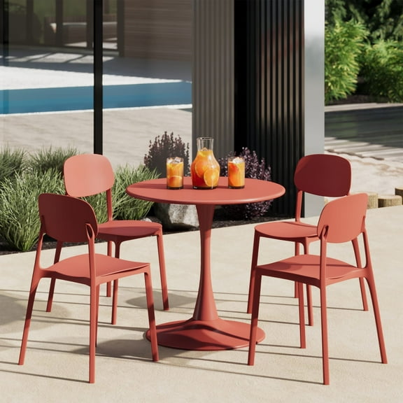 WestinTrends Playa 5-Piece Indoor Outdoor Metal Round Patio Dining Table Set With Stackable Resin Patio Side Chairs, Red